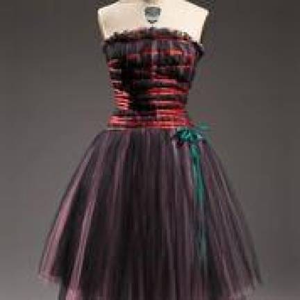 Christian Lacroix, black and pink silk tulle evening dress with silk satin ribbons, circa 1990. The Museum at FIT, Anonymous Gift. ©The Museum at FIT
