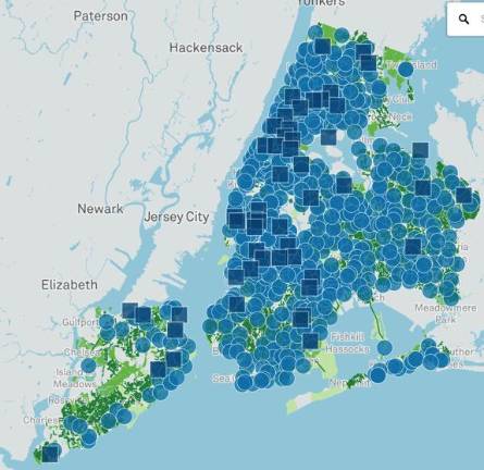 Cool it! NYC has a city-wide plan by NYC Parks to install cool areas like outdoor pools (squares), drinking fountains (circles) and shade areas (green). Photo: <a rel=nofollow noopener noreferrer href=https://www.nycgovparks.org/about/health-and-safety-guide/cool-it-nyc target=_blank>NYC Parks Website</a>.