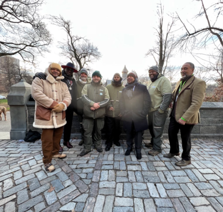 Central Park Conservancy staff with Kevin Richardson (left), Yusef Salaam (second from left) and Raymond Santana (third from right). Photo via Central Park Conservancy’s Twitter