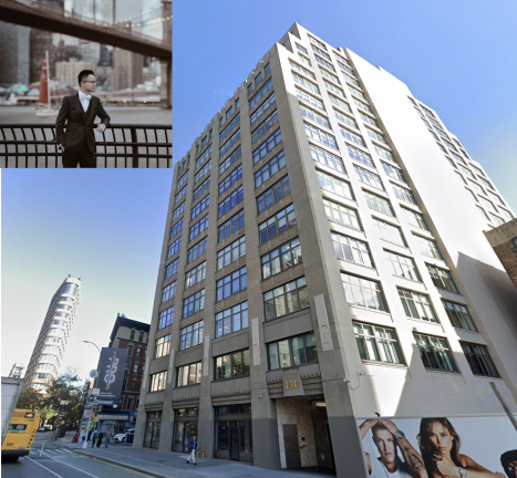 The brilliant but wanted Jian Wu on the Brooklyn Heights promenade (upper Left); Above: Headquarters of hedge fundTwo Sigma at 100 6th Ave in SoHo where Wu worked before apparently absconding.
