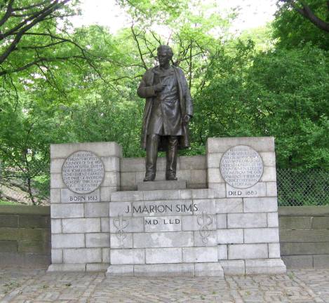 The city's statue of Dr. James Marion Sims, on Fifth Avenue at 103rd Street along the perimeter of Central Park, has sparked an outcry and calls to take it down because the "father of modern gynecology" was known to have operated on enslaved black women with neither anesthesia nor consent. Photo: Jim Henderson, via Wikimedia Commons
