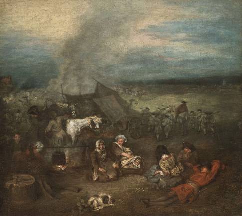 Jean-Antoine Watteau (1684&#x2013;1721). &quot;The Supply Train,&quot; ca. 1715. Oil on panel. 11 1/8 x 12 3/8 inches. Collection Lionel and Ariane Sauvage