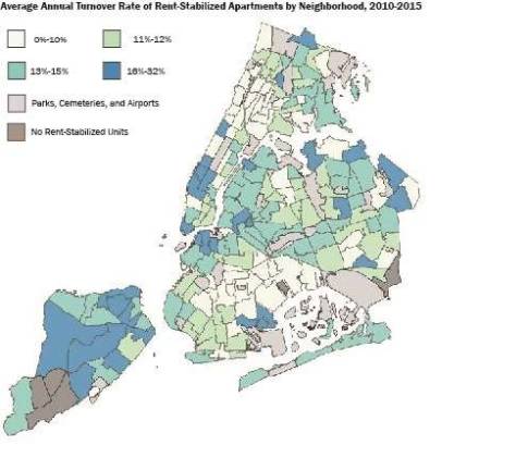 Map courtesy of the independent Budget Office shows turnover rates in rent-stabilized apartments across the city. 