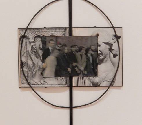 Em Rooney encloses photographs in ceramic, wire, glass and fabric to create portraits recalling altars, memorials and plaques. &quot;Veronica's Horror,&quot; 2017. Photo: Adel Gorgy