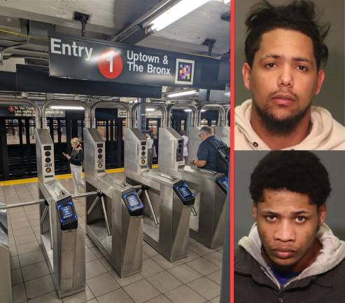 Left: Uptown 1 station at 50th Street where a pedetrician from the UWS was violently shoved onto tracks but saved by Good Samaritans who helped him climb out of tracks before a train arrived. Right: Miguel Mora (top) and Christian Aybar face new state charges in Inwood shooting.