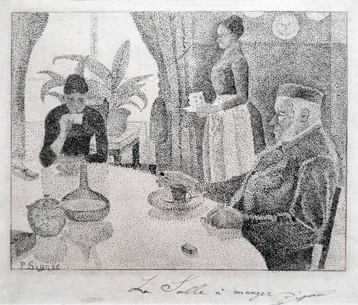 In "The Dining Room," from 1886-87, Paul Signac displays devotion to technique and attention to the cool emotional state of the sitters, Signac's mother, grandfather and housekeeper. Photo: Adel Gorgy