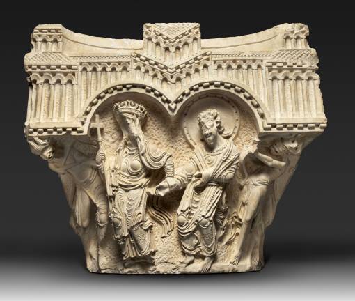The Virgin and Apostle Capital. Early 1170s. Limestone. a. 24½× 28 ?× 13 ?in. (62 × 72 × 34 cm). b. 16? × 21 ¼× 18½in., 355 lb. (42 × 54 × 47 cm, 161 kg). Terra Sancta Museum, Basilica of the Annunciation, Nazareth. Image: © Marie-Armelle Beaulieu /Custodia Terræ Sanctæ