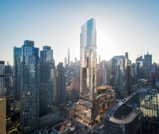 At center, a rendering of the redesigned Avenir project on Manhattan’s “Far West Side.”