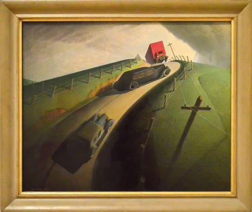 Grant Wood's &quot;Death on the Ridge Road,&quot; 1935. Oil on composition board, 39 x 46 1/16 in., Williams College Museum of Art. Photo: Adel Gorgy