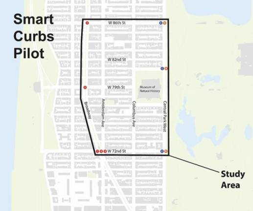 Map of Smart Curbs pilot area on the Upper West Side