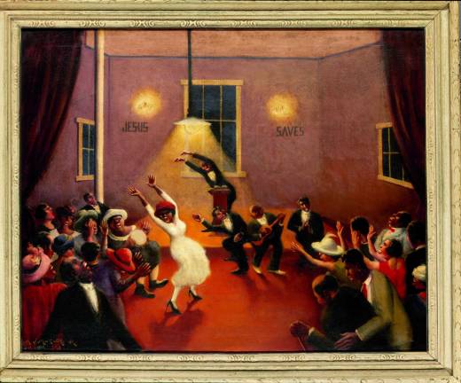 Painting &quot;Tongues (Holy Rollers)&quot; by Archibald J. Motley, Jr., 1929. Oil on canvas. View of a church meeting in rural Arkansas.
