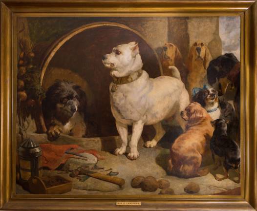 &quot;Alexander and Diogenes&quot; is an undated and whimsical work that was described as in the style of Sir Edwin Henry Landseer, the famed canine painter also known for his many imitators. Image: American Kennel Club Museum of the Dog
