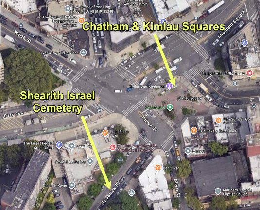 Aerial view of Chatham &amp; KImlau Squares showing proximity to Shearith Israel Cemetery #1.
