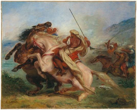 Delacroix visited Morocco in 1832 and witnessed Arab horsemen engaged in military exercises, including calvary charges. Eug&#xe8;ne Delacroix, &#x201c;Collision of Arab Horsemen,&#x201d; 1833/34. Oil on canvas.&#xa0; 31 11/16 &#xd7; 39 9/16 in. Private collection. Photography by Alex Jamison