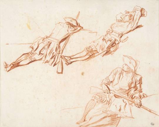 Jean-Antoine Watteau (1684&#x2013;1721). &quot;Three Studies of Resting Soldiers&quot; (recto), ca. 1713&#x2013;14. Red chalk. 6 7/8 &#xd7; 8 1/2 inches.E&#xb4;cole nationale supe&#xb4;rieure des Beaux-Arts, Paris (1608). Photo: &#xa9; Beaux-Arts de Paris, Dist. RMN-Grand Palais / Art Resource, NY