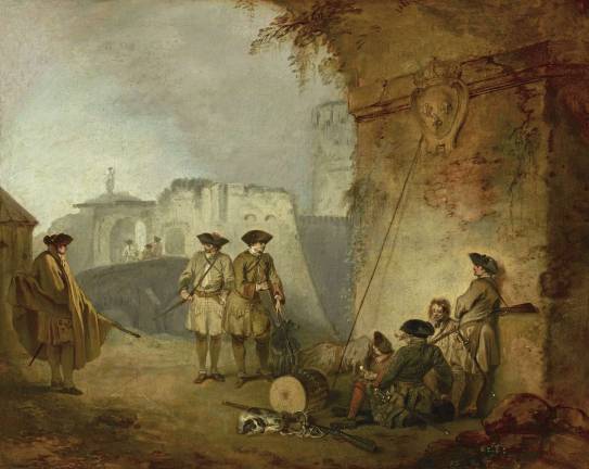 Jean-Antoine Watteau (1684&#x2013;1721). &quot;The Portal of Valencienne,&quot; ca. 1710&#x2013;11. Oil on canvas. 12 3/4 x 16 inches.The Frick Collection; purchased with funds from the bequest of Arthemise Redpath, 1991. Photo: Michael Bodycomb