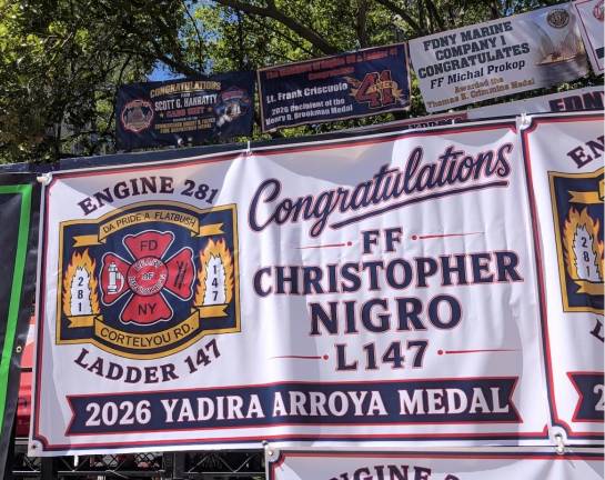 FDNY Medal Day at City Hall, banner for Ladder 147, Engine 281, “Da Pride A Flatbush.”
