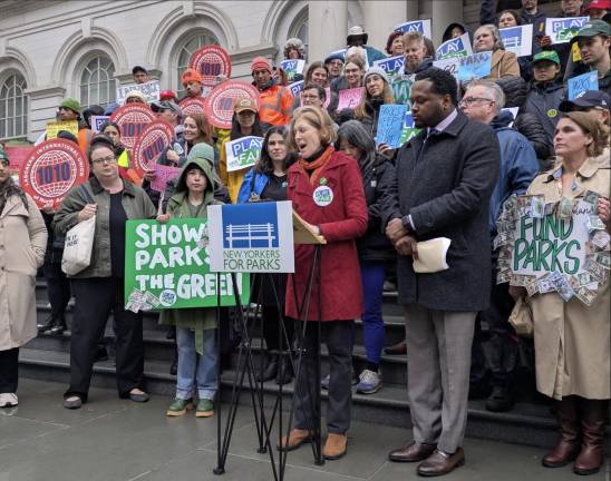 Joan Keener, from The Trust for Public Land, speaking against Parks Department budget cuts.