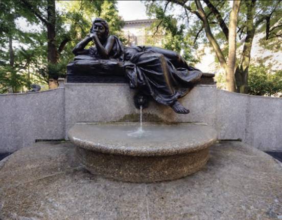 The Straus Memorial called <i>Memory </i>is Straus Park’s tender and touching centerpiece, an allegorical design that depicts a woman reclining languorously, lost in thought or perhaps simply at peace.