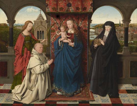Jan van Eyck and Workshop, &#x201c;The Virgin and Child with St. Barbara, St. Elizabeth, and Jan Vos,&#x201d; ca. 1441&#x2013;43, Oil on panel, 18 5/8 &#xd7; 24 1/8 inches, The Frick Collection, New York. Photo: Michael Bodycomb