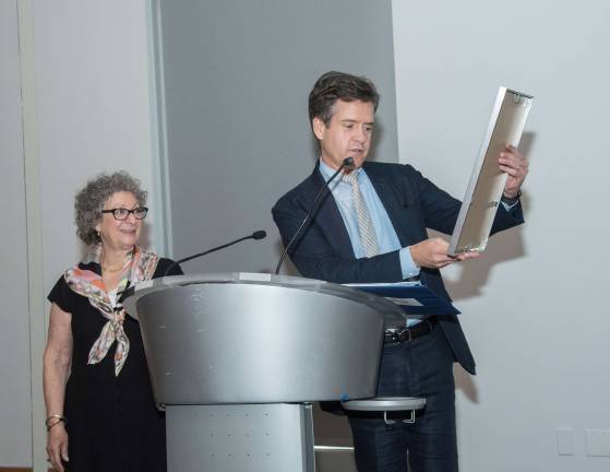 State Senator Brad Hoylman presented Monica Blum with a proclamation at the Lincoln Square BID's annual meeting. Photo: Ben Asen