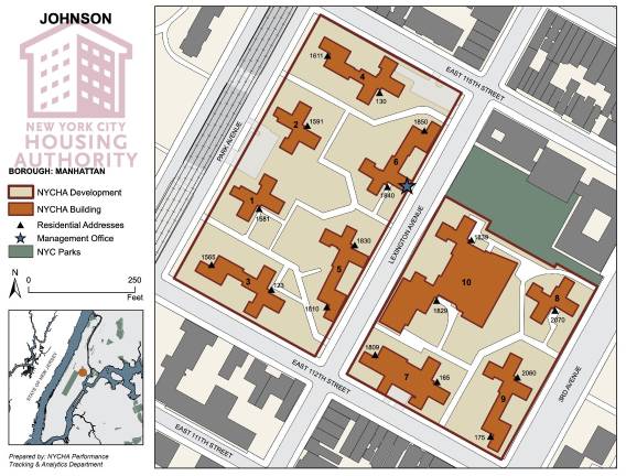 Map of James Weldon Johnson Houses complex in East Harlem.