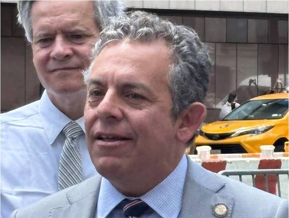 NYS Assembly member Tony Simone, seen here at a June 7 press conference outside Penn Station, handily defeated challenger Emily YueXin Miller in the Democratic primary.