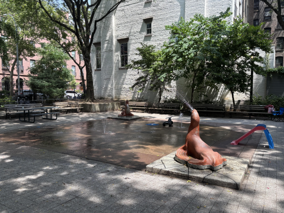 Clement Clarke Moore Park. Many NYC Parks have water features designed to provide some relief from the sweltering temperatures. As the city braces for intense conditions, citizens are urged to remain indoors.