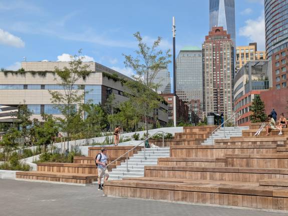 Bottom of the terrace, looking uptown, Museum of Jewish Heritage at left.