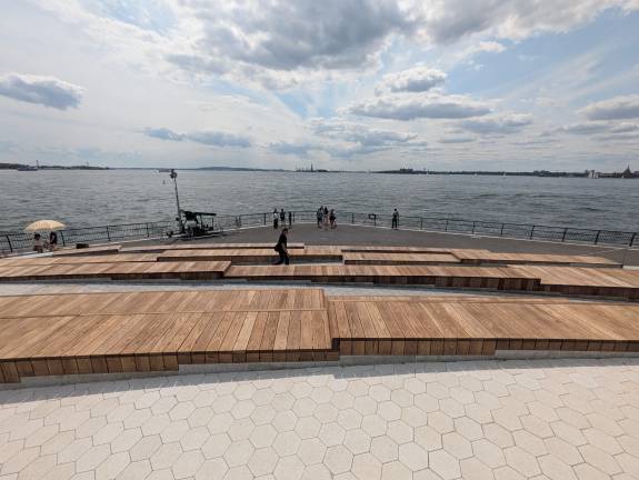 Looking across the terrace and ramps into New York Harbor.