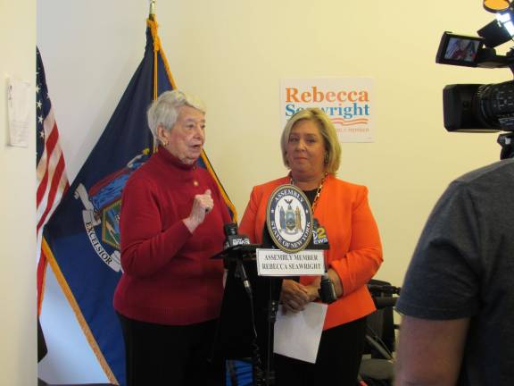Helene Goldfarb, an 89-year-old Yorkville resident, discusses the vulnerability of seniors to telephone hucksters with State Assembly Member Rebecca Seawright (right). Photo courtesy of Seawright&#x2019;s office