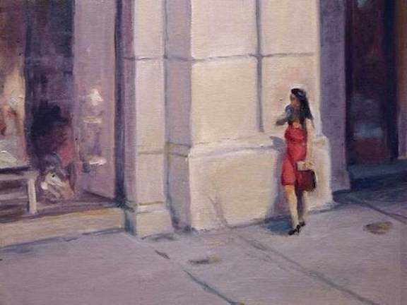 “Waiting on a Friend,” 9x12 oil on canvas from Richard Rosenblatt’s Urban Views collection.