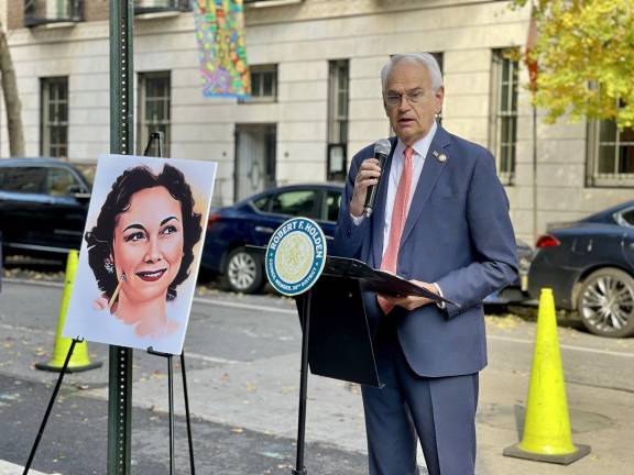 Council member Robert F. Holden speaking at Dorothy Kilgallen Way street co-naming.