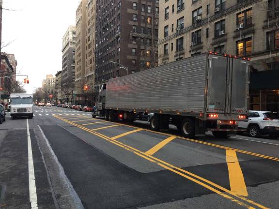 This gigantic 18-wheeler, spotted heading up West End Avenue at 104th Street on April 16, is not supposed to be there.Trucks and buses are barred on the entire length of the largely residential avenue, which runs from 59th Street to 107th Street. Photo: Courtesy of West End Preservation Society