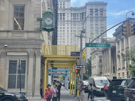 The two designs installed, ‘Flex Shed’ (blue) and ‘Rigid Shed’ (yellow), will be up for thirty days in front of the Department of Buildings headquarters.