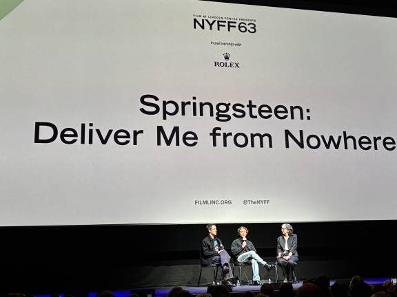 (Left to right) “<i>Deliver Me From Nowhere” </i>director Scott Cooper, actor Jeremy Allen White, and New York Film Festival programming committee member Rachel Rosen on stage at Alice Tully Hall during a post-screening Q&amp;A on Sept. 30, part of the 63rd Annual New York Film Festival.