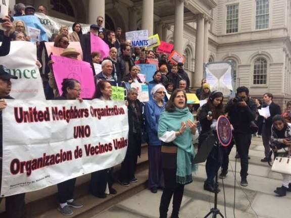 Council Member Helen Rosenthal speaks at a February 23 rally against tenant harassment at City Hall. Photo: Office of Helen Rosenthal