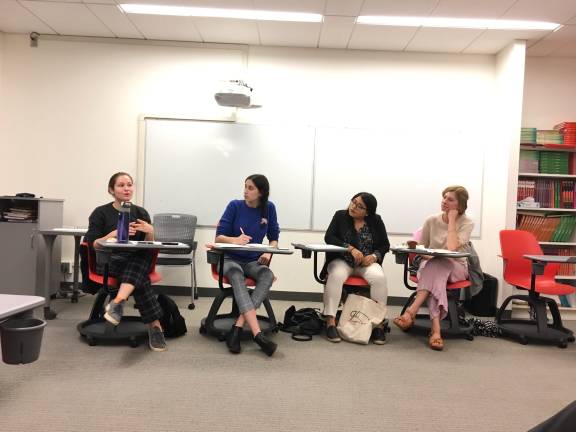 Cece King (left) and Dorothea Newman (second from the left) on a panel they organized through Community Board 8’s Youth, Education, and Libraries Committee on the need for schools to teach civics to students. Photo: Courtesy of Cece King