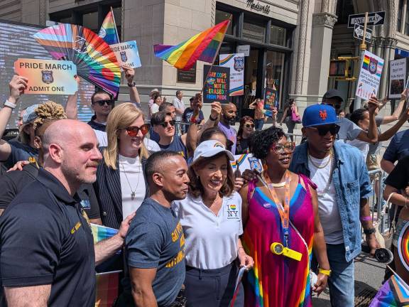 Governor Hochul, NYPD Commissioner Tisch, Bronx D.A. Darcel Clark, Queens Borough President Donovan Richards and others stand with Gay Officers Action League at NYC Pride March 2026.