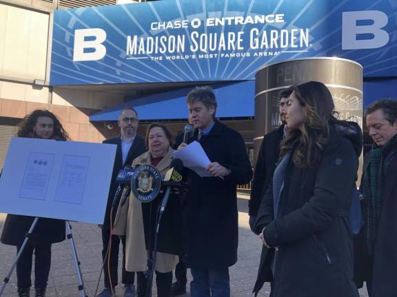 Politicians and activists including NYS Senator Brad Hoylman (at mic) and NYS Assemblyman Tony Simone (far right) held a press conference outside MSG last month denoucing Dolan’s use of facial recognition technology. Hoylman and Simone have since introduced legislation to stop MSG from using the facial recognition software to bar attorneys from entering sporting events. Photo: Keith J. Kelly