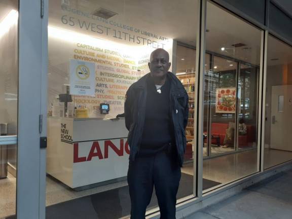Owen A. Phillips stands outside the Lang building at The New School. Photo: Karen Camela Watson