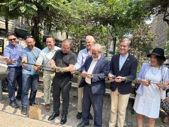 Broadway Mall Association ribbon-cutting ceremony opening the three contiguous medians at West 73rd Street. (Second from left: Ian Olsen; second from right: State Senator Brad Hoylman-Sigal.)