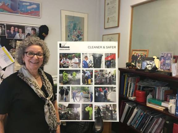 Monica Blum displayed posters touting some of the BID's achievements over its two decades of service to the Upper West Side. Photo: Madeleine Thompson