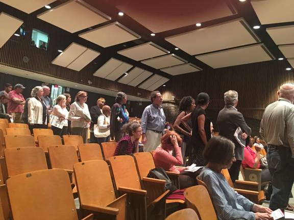 Residents line up to speak at Councilwoman Helen Rosenthal's town hall meeting at the Brandeis High School Complex Monday night. Photo: Madeleine Thompson
