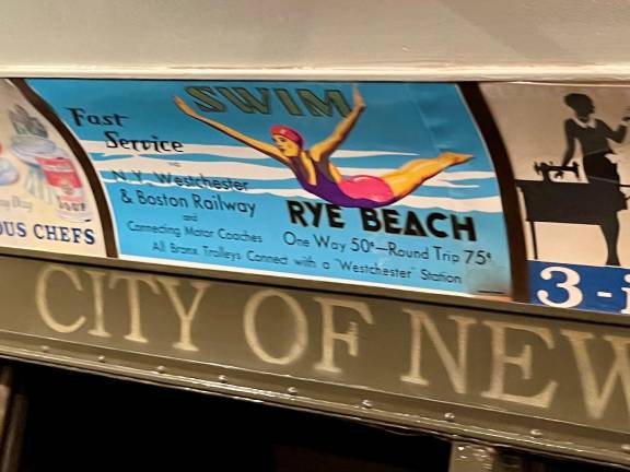 Here’s a period ad aboard the train. Rye beach is still around, but the New York, Westchester, and Boston Railway—and its connecting trolleys to the Bronx subway stations—is long gone. The sign below the ad belongs to an era when NYC ran the subways, not the MTA.