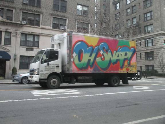 A painted truck bearing the catchphrase, &quot;Oh Snap!&quot; was spotted heading southbound on West End Avenue below 86th Street on the morning of April 3. Traffic laws make it clear that commercial vehicles are not permitted to use the avenue as a thoroughfare. Photo: Courtesy of West End Preservation Society