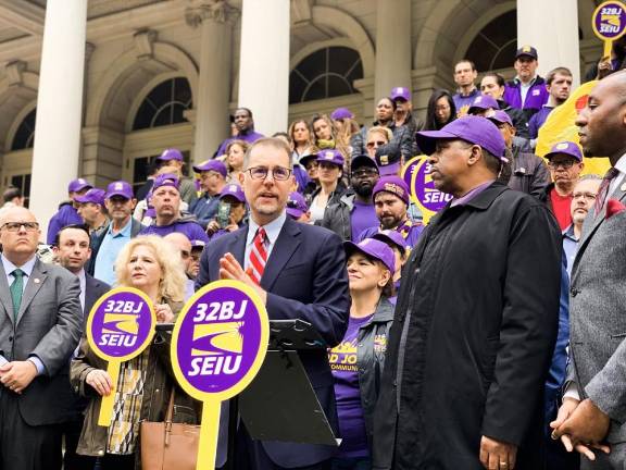 Mark Levine with 32BJ SEIU workers.