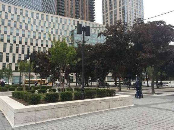 New trees and shrubs were planted last year in Damrosch Park, on West 62nd Street between Columbus and Amsterdam Avenues, a consequence of a 2014 legal settlement between residents and the city and Lincoln Center. Use of the park by the Big Apple Circus has become a point of contention. Photo: Melody Chan