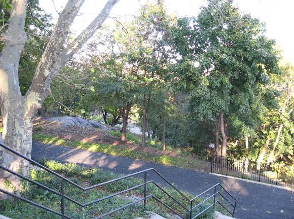 The view from St. Nicholas Terrace. The wooded, 23-acre park in northern Manhattan contains playgrounds, basketball courts and the historic country home where Alexander Hamilton once lived.