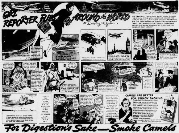 February 1937 Camel cigarettes comic strip, “Girl Reporter Flies Around the World” by Dorothy Kilgallen